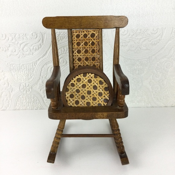Vintage MCM wooden rattan miniature rocking chair with coasters set of 3 - Picture 2 of 13